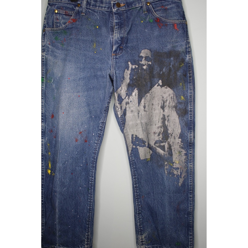 Wrangler 47MWZ Custom Paint‎ Splatter Graphic Jeans Mens 36x30 Cut Hem Denim 1/1